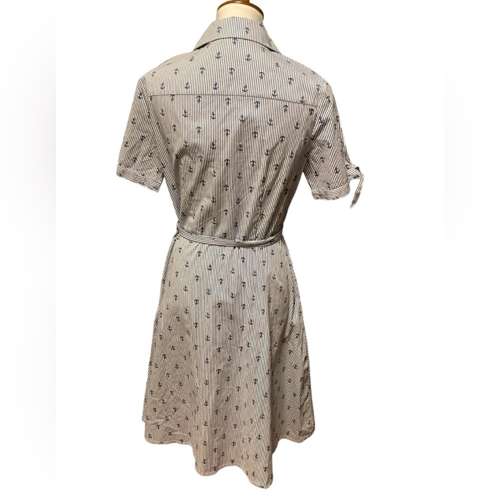 Chloe+rene Blue White Stripe Anchor Button Down Tie Front Knee Length Dress - Picture 2 of 8